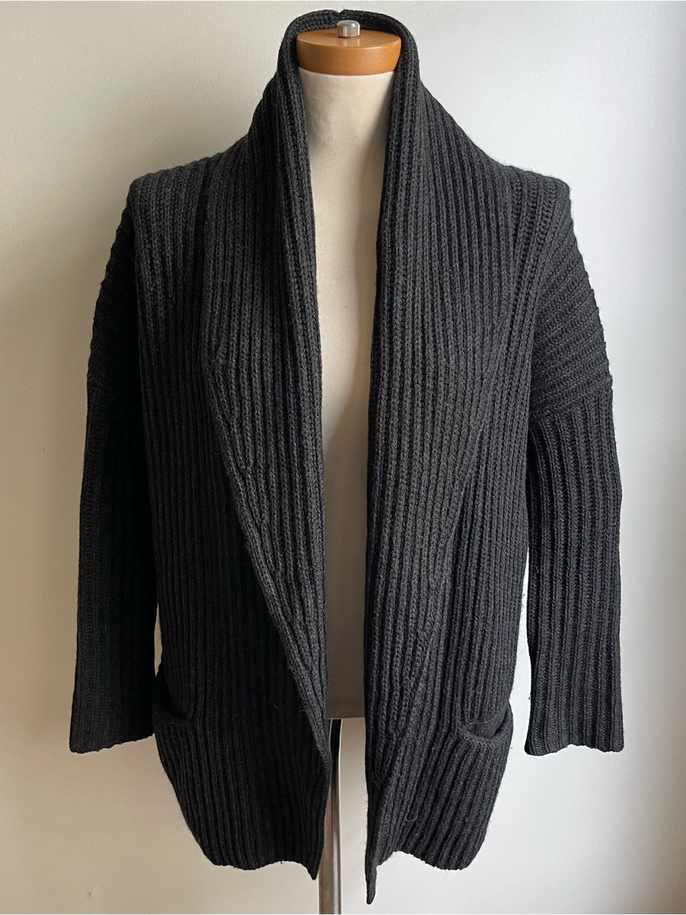 Vince Oversize Wool Yak Cardigan Charcoal Gray Rib Knit Sweater Cashmere XS